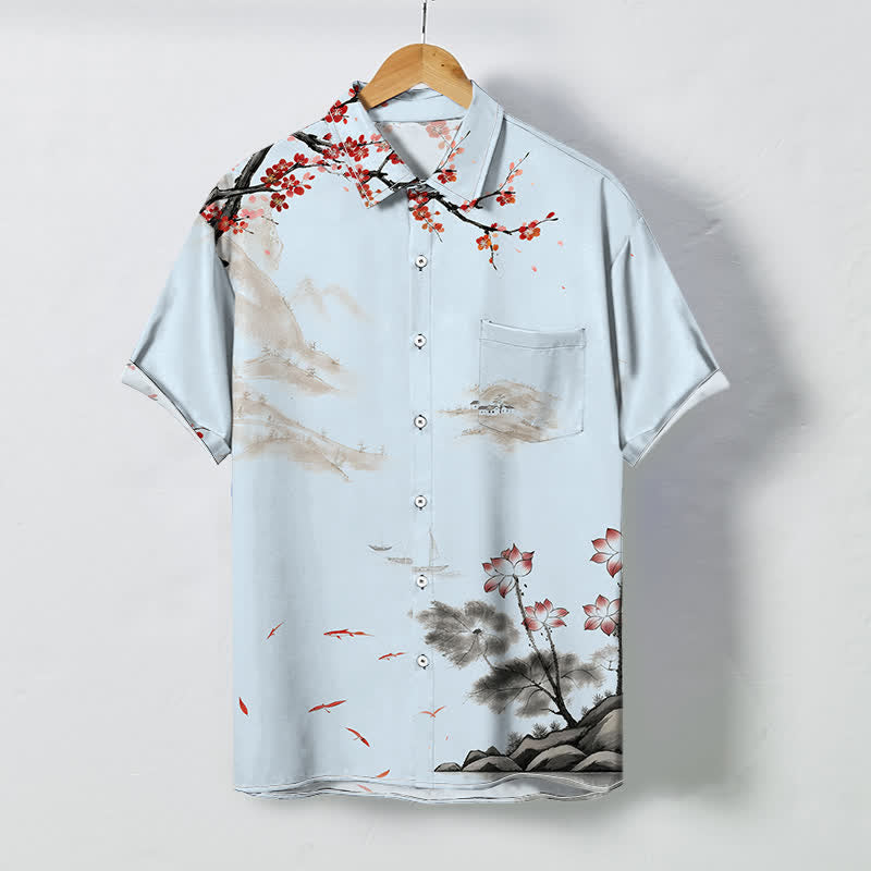 Buddha Stones Camisa transpirable de manga corta para hombre con botones y estampado de paisaje de tinta y flores rojas - Azul claro - US/UK/AU48, UE58 (4XL) - image 3