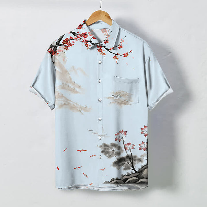 Buddha Stones Camisa transpirable de manga corta para hombre con botones y estampado de paisaje de tinta y flores rojas - Azul claro - US/UK/AU48, UE58 (4XL) - image 3