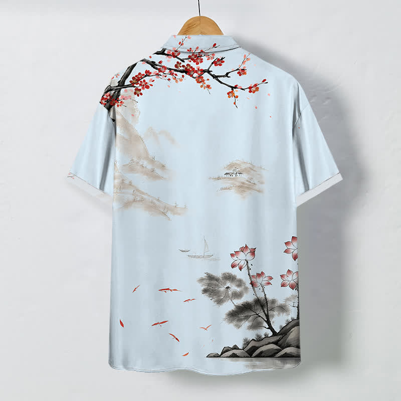 Buddha Stones Camisa transpirable de manga corta para hombre con botones y estampado de paisaje de tinta y flores rojas - image 4