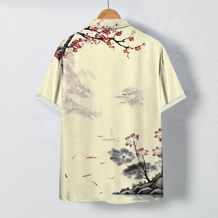 Buddha Stones Camisa transpirable de manga corta para hombre con botones y estampado de paisaje de tinta y flores rojas - image 6