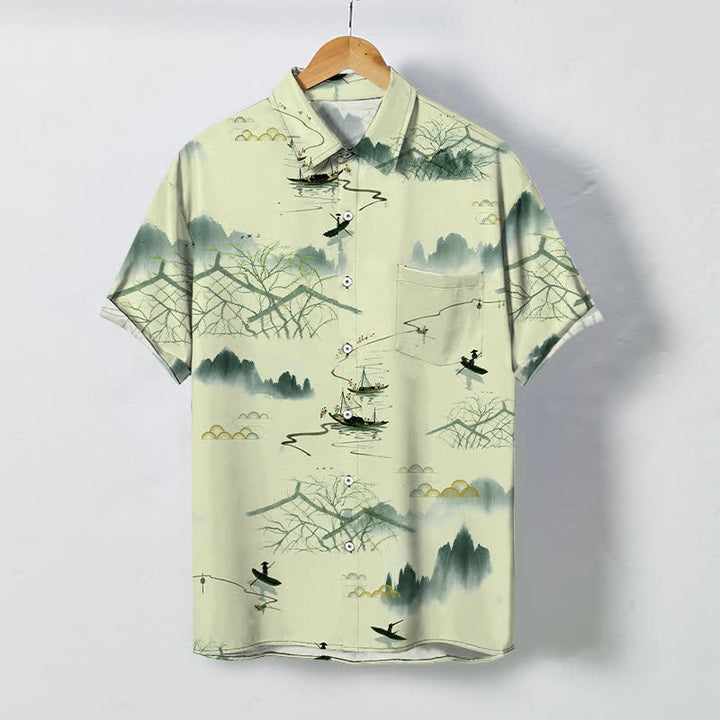 Buddha Stones Camisa transpirable de manga corta para hombre con estampado de paisaje de montaña y barco, botones y diseño de tinta. - Beige - US/UK/AU48, UE58 (4XL) - image 5