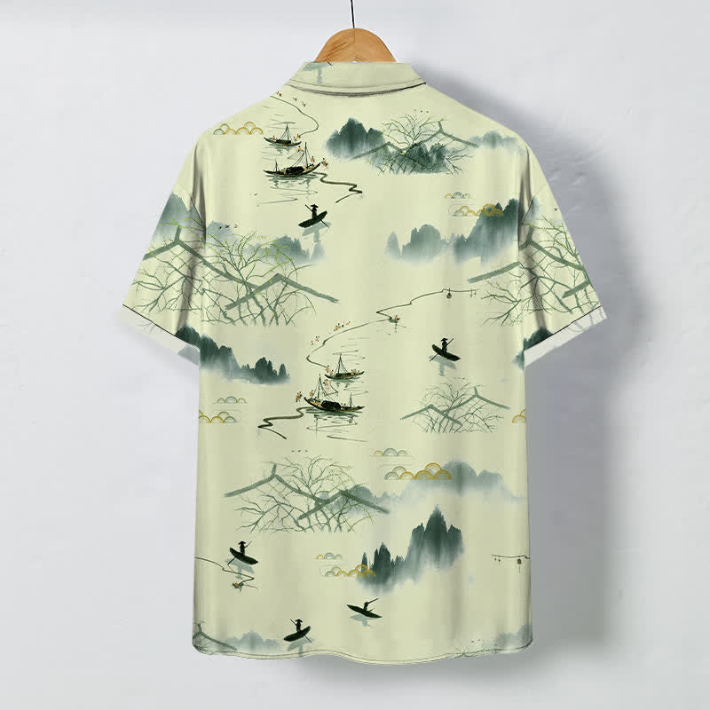 Buddha Stones Camisa transpirable de manga corta para hombre con estampado de paisaje de montaña y barco, botones y diseño de tinta. - image 6