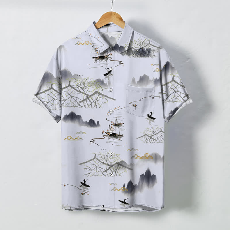 Buddha Stones Camisa transpirable de manga corta para hombre con estampado de paisaje de montaña y barco, botones y diseño de tinta. - Humo blanco - US/UK/AU48, UE58 (4XL) - image 7