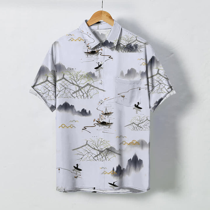 Buddha Stones Camisa transpirable de manga corta para hombre con estampado de paisaje de montaña y barco, botones y diseño de tinta. - Humo blanco - US/UK/AU48, UE58 (4XL) - image 7
