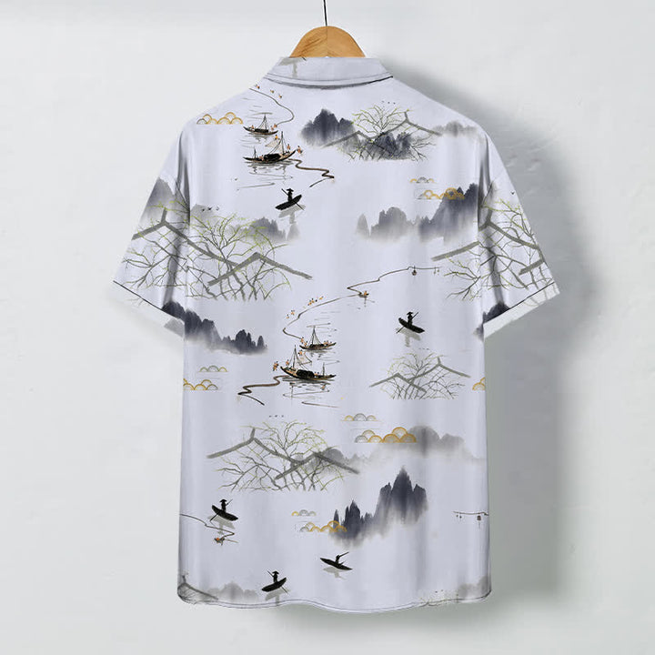 Buddha Stones Camisa transpirable de manga corta para hombre con estampado de paisaje de montaña y barco, botones y diseño de tinta. - image 8