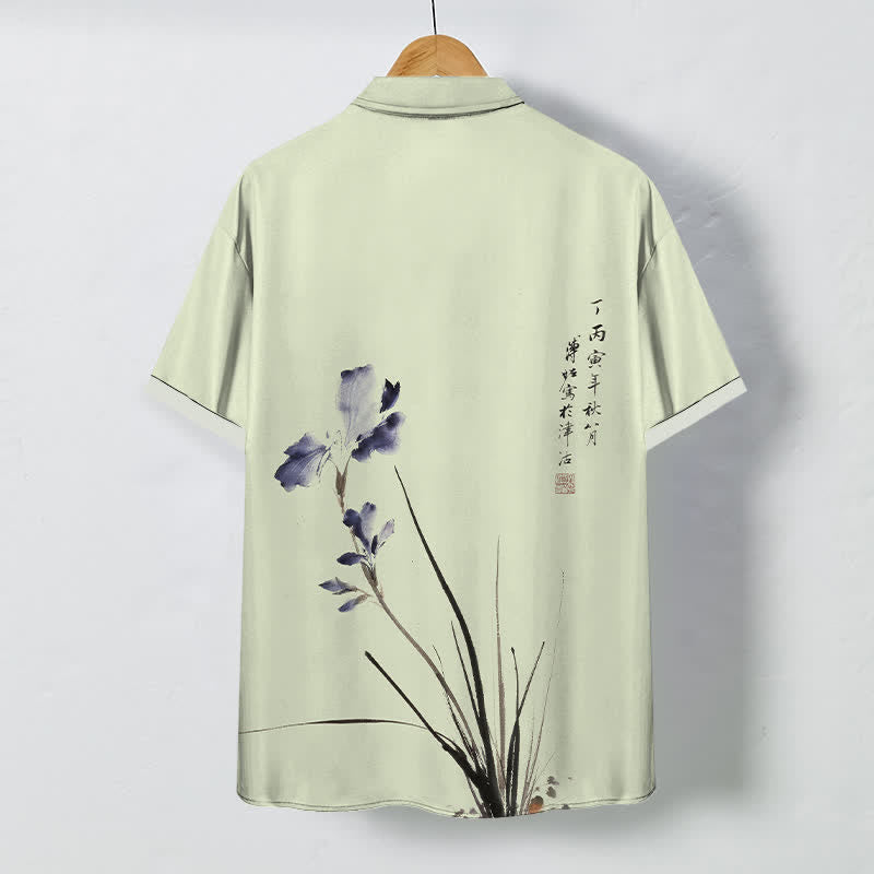 Buddha Stones Camisa transpirable de manga corta para hombre con botones y estampado de sellos con caligrafía floral en tinta - image 6