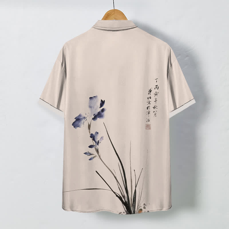 Buddha Stones Camisa transpirable de manga corta para hombre con botones y estampado de sellos con caligrafía floral en tinta - image 8