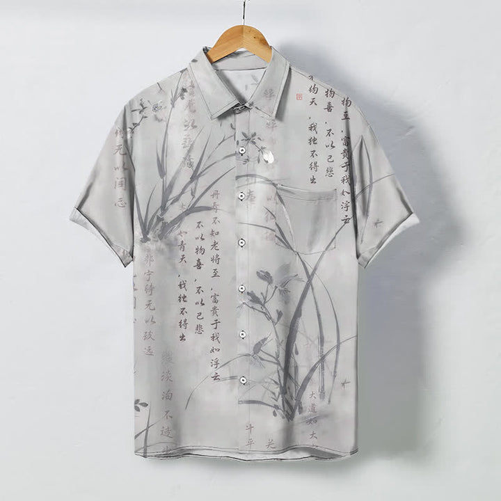 Buddha Stones Camisa transpirable de manga corta para hombre con botones y estampado de caligrafía Ink Bamboo. - Gris claro - US/UK/AU48, UE58 (4XL) - image 5
