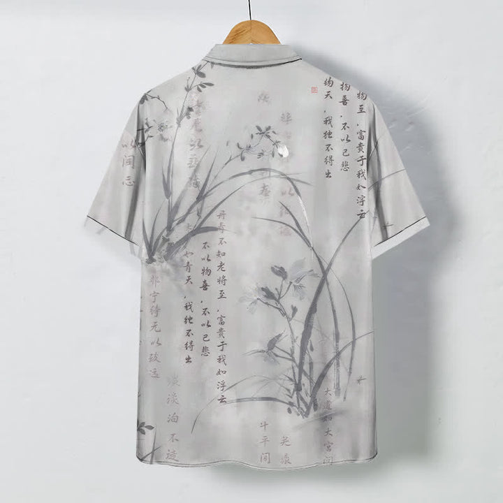 Buddha Stones Camisa transpirable de manga corta para hombre con botones y estampado de caligrafía Ink Bamboo. - image 6