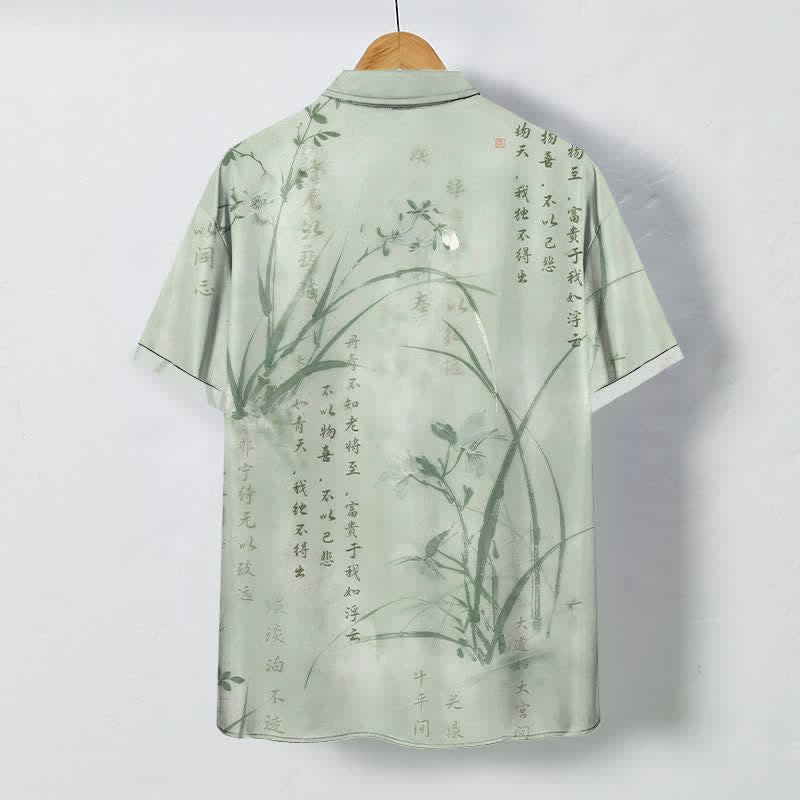Buddha Stones Camisa transpirable de manga corta para hombre con botones y estampado de caligrafía Ink Bamboo. - image 8