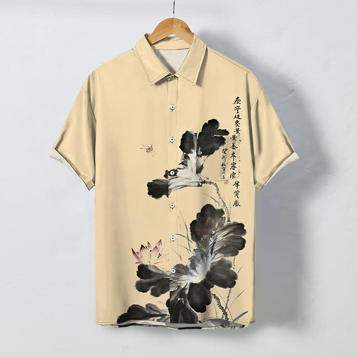 Buddha Stones Camisa transpirable de manga corta para hombre con botones y estampado de caligrafía floral en tinta - Trigo - US/UK/AU48, UE58 (4XL) - image 5