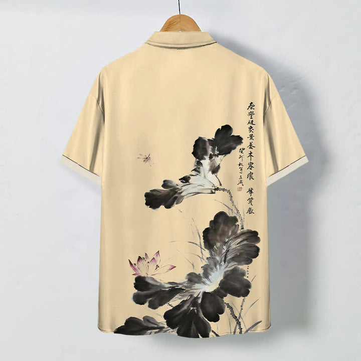 Buddha Stones Camisa transpirable de manga corta para hombre con botones y estampado de caligrafía floral en tinta - image 6