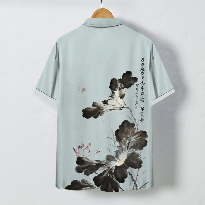 Buddha Stones Camisa transpirable de manga corta para hombre con botones y estampado de caligrafía floral en tinta - image 8