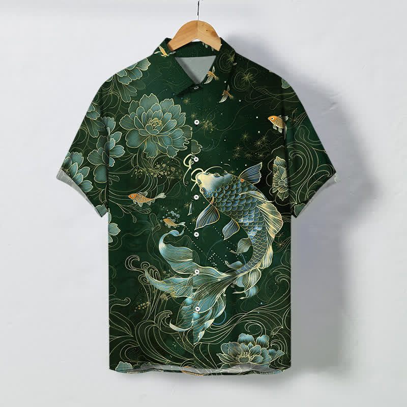 Buddha Stones Camisa transpirable de manga corta para hombre con botones y estampado de loto koi azul - Verde oscuro - US/UK/AU48, UE58 (4XL) - image 5