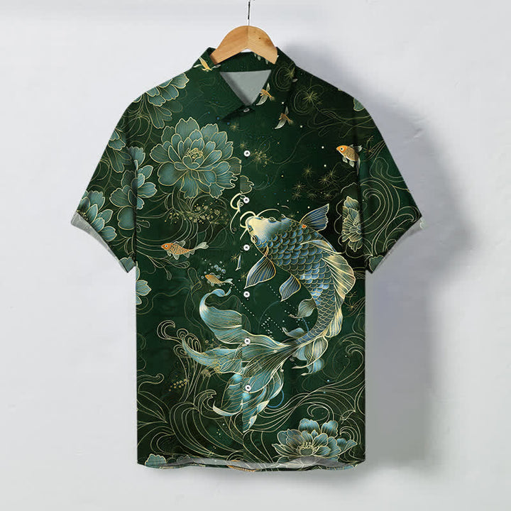 Buddha Stones Camisa transpirable de manga corta para hombre con botones y estampado de loto koi azul - Verde oscuro - US/UK/AU48, UE58 (4XL) - image 5