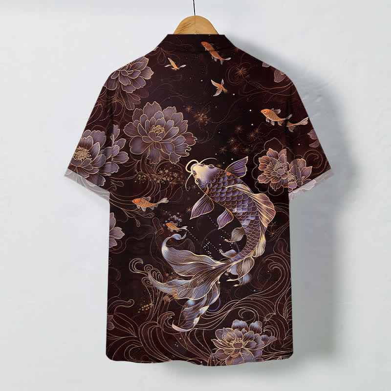 Buddha Stones Camisa transpirable de manga corta para hombre con botones y estampado de loto koi azul - image 8