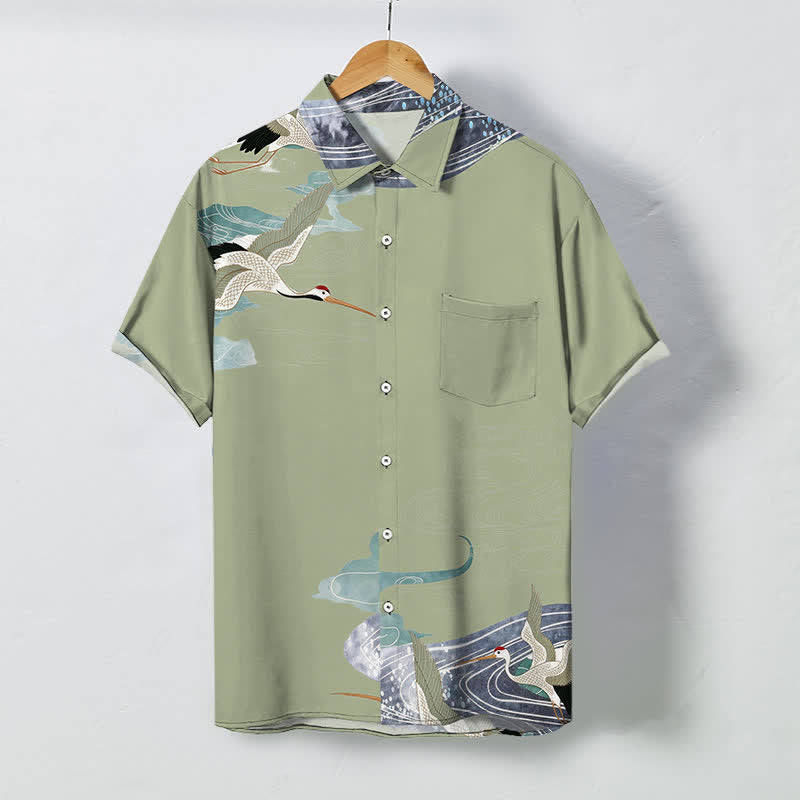 Buddha Stones Camisa transpirable de manga corta para hombre con botones y estampado de nubes y olas de grulla - Caqui oscuro - US/UK/AU48, UE58 (4XL) - image 5