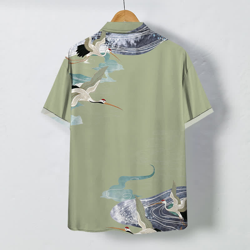 Buddha Stones Camisa transpirable de manga corta para hombre con botones y estampado de nubes y olas de grulla - image 6