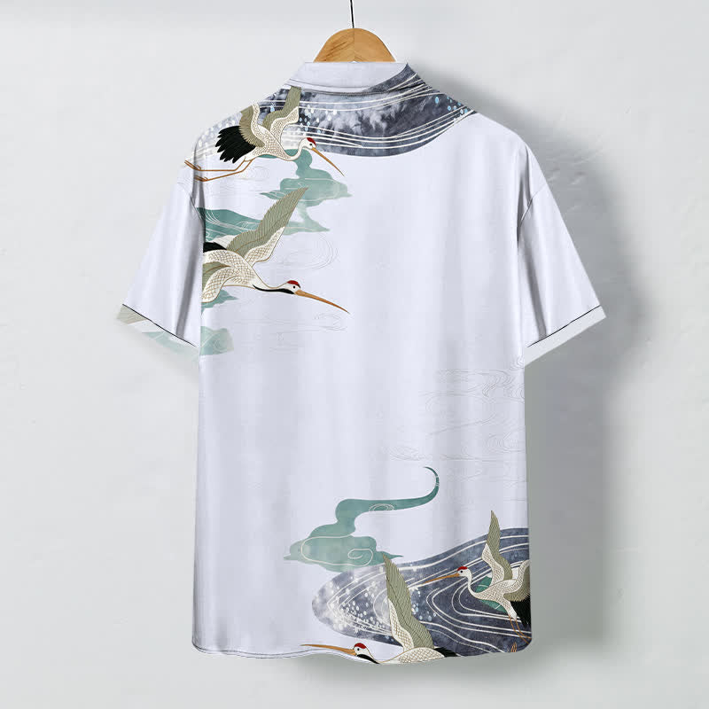Buddha Stones Camisa transpirable de manga corta para hombre con botones y estampado de nubes y olas de grulla - image 8