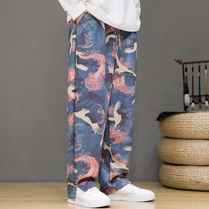 Buddha Stones Pantalones tobilleros casuales de primavera/verano con cordón ajustable y estampado de grullas, estilo harem para hombre con bolsillos. - image 3