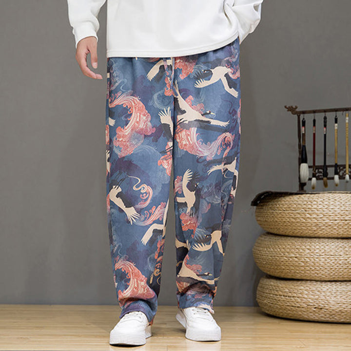 Buddha Stones Pantalones tobilleros casuales de primavera/verano con cordón ajustable y estampado de grullas, estilo harem para hombre con bolsillos. - image 7