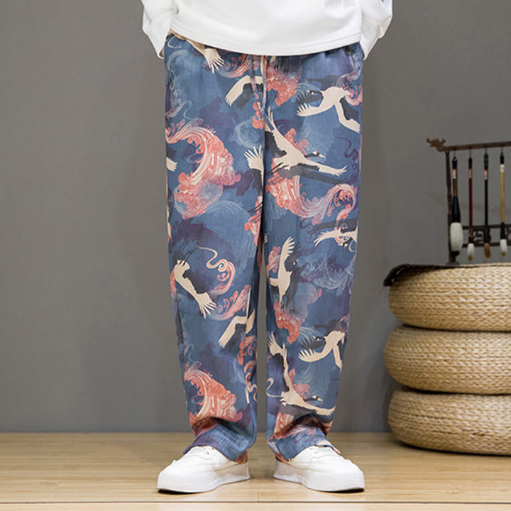 Buddha Stones Pantalones tobilleros casuales de primavera/verano con cordón ajustable y estampado de grullas, estilo harem para hombre con bolsillos. - image 2