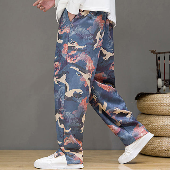 Buddha Stones Pantalones tobilleros casuales de primavera/verano con cordón ajustable y estampado de grullas, estilo harem para hombre con bolsillos. - image 6