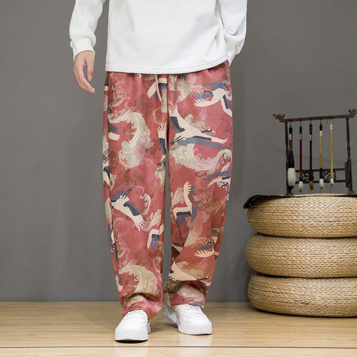 Buddha Stones Pantalones tobilleros casuales de primavera/verano con cordón ajustable y estampado de grullas, estilo harem para hombre con bolsillos. - image 11