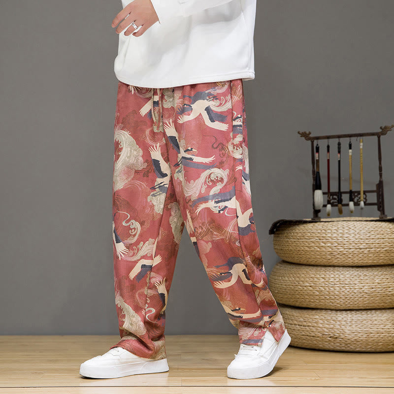 Buddha Stones Pantalones tobilleros casuales de primavera/verano con cordón ajustable y estampado de grullas, estilo harem para hombre con bolsillos. - Rojo indio - US/UK/AU44, EU54 (4XL) - image 9