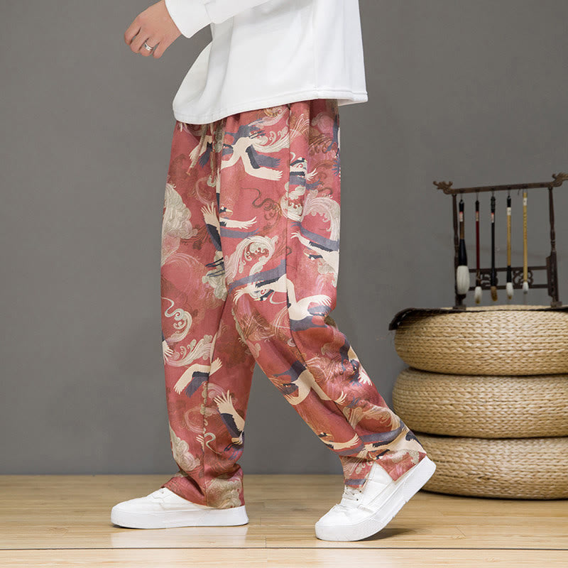 Buddha Stones Pantalones tobilleros casuales de primavera/verano con cordón ajustable y estampado de grullas, estilo harem para hombre con bolsillos. - image 14