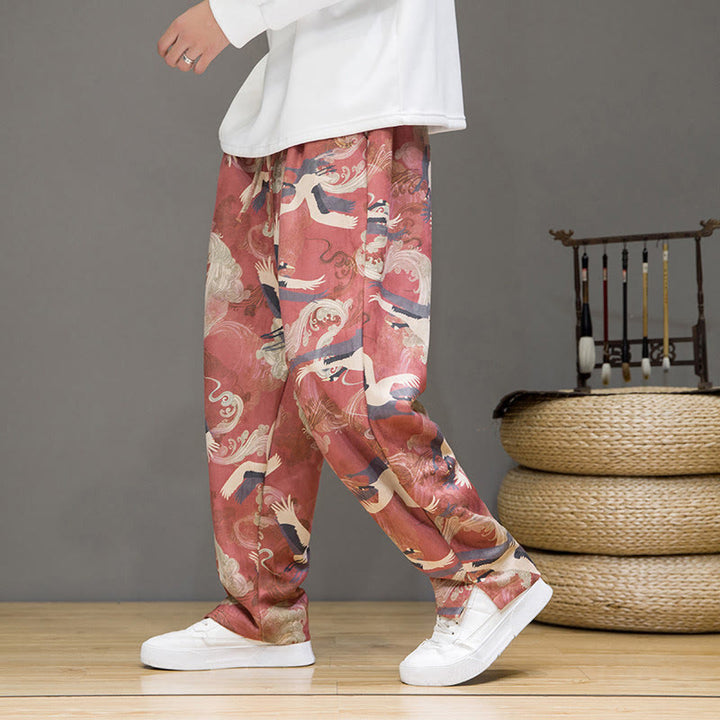 Buddha Stones Pantalones tobilleros casuales de primavera/verano con cordón ajustable y estampado de grullas, estilo harem para hombre con bolsillos. - image 14