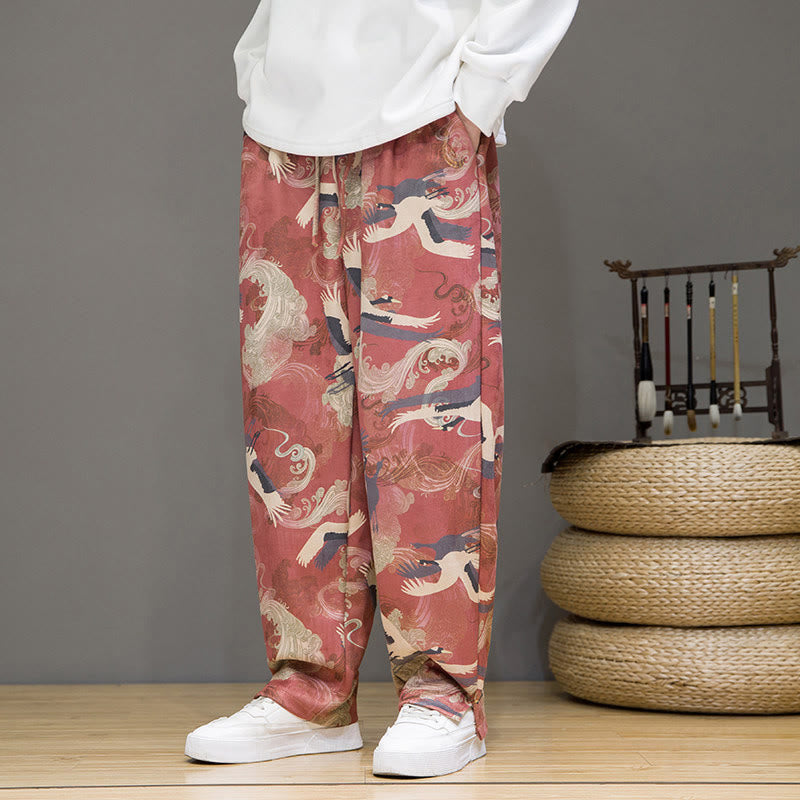 Buddha Stones Pantalones tobilleros casuales de primavera/verano con cordón ajustable y estampado de grullas, estilo harem para hombre con bolsillos. - image 15