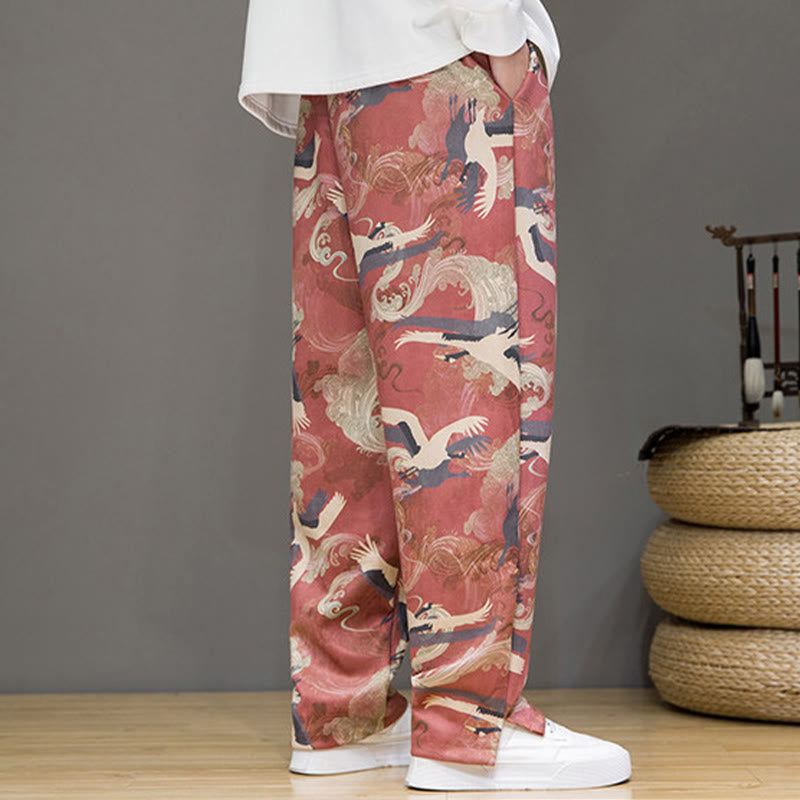Buddha Stones Pantalones tobilleros casuales de primavera/verano con cordón ajustable y estampado de grullas, estilo harem para hombre con bolsillos. - image 13