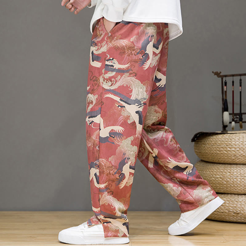 Buddha Stones Pantalones tobilleros casuales de primavera/verano con cordón ajustable y estampado de grullas, estilo harem para hombre con bolsillos. - image 17