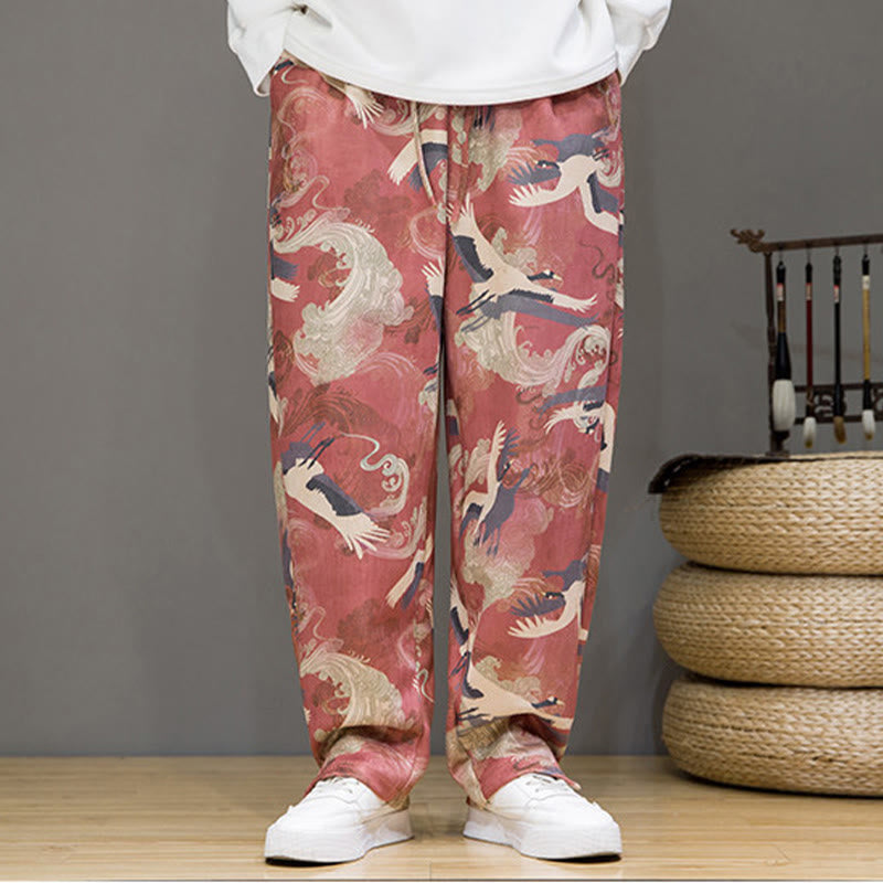 Buddha Stones Pantalones tobilleros casuales de primavera/verano con cordón ajustable y estampado de grullas, estilo harem para hombre con bolsillos. - image 16