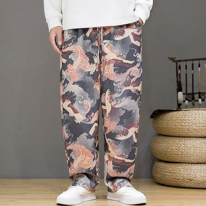 Buddha Stones Pantalones tobilleros casuales de primavera/verano con cordón ajustable y estampado de grullas, estilo harem para hombre con bolsillos. - image 26