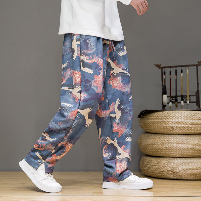 Buddha Stones Pantalones tobilleros casuales de primavera/verano con cordón ajustable y estampado de grullas, estilo harem para hombre con bolsillos. - Azul acero claro - US/UK/AU44, EU54 (4XL) - image 0