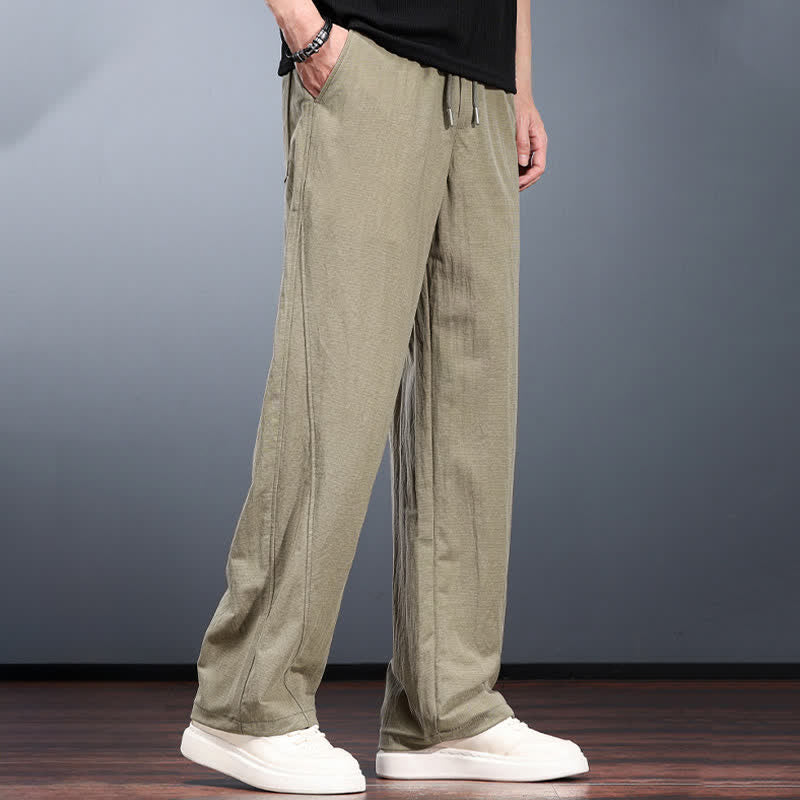 Buddha Stones Pantalones largos de hombre de corte recto con cintura elástica, estilo casual minimalista, con cordón ajustable, ideales para primavera y verano. - image 1