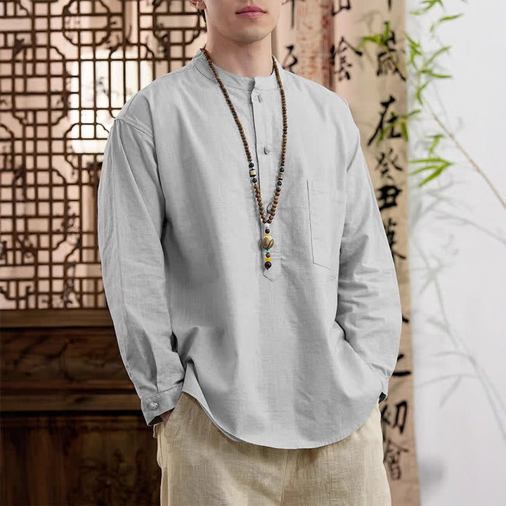 Buddha Stones Camisa de manga larga para hombre de lino y algodón, estilo minimalista, con cuello mandarín y bolsillo de parche, de Spring Tang Style. - image 15