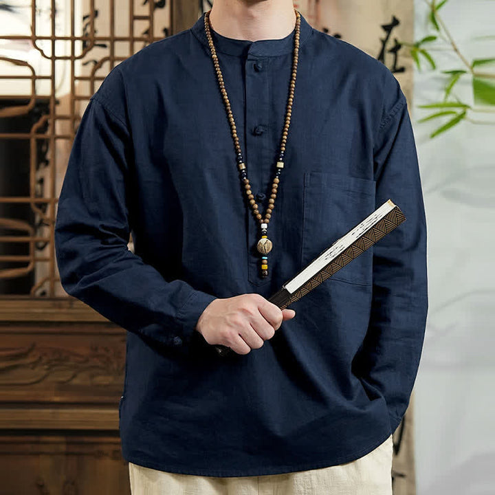 Buddha Stones Camisa de manga larga para hombre de lino y algodón, estilo minimalista, con cuello mandarín y bolsillo de parche, de Spring Tang Style. - image 3