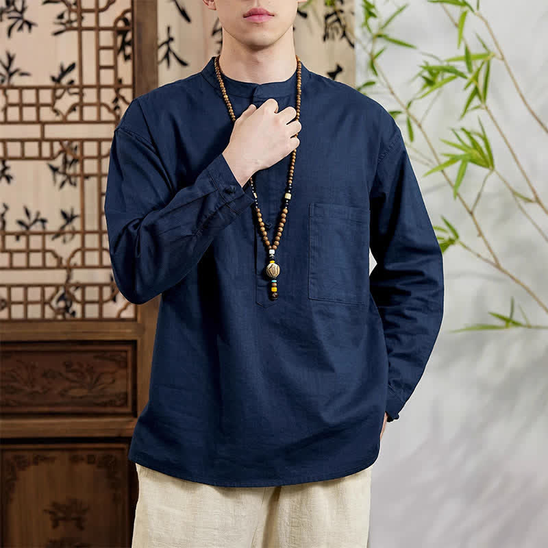 Buddha Stones Camisa de manga larga para hombre de lino y algodón, estilo minimalista, con cuello mandarín y bolsillo de parche, de Spring Tang Style. - image 2