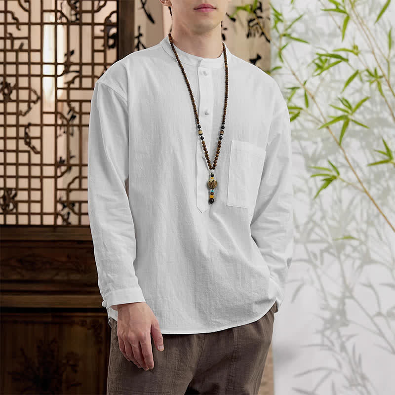 Buddha Stones Camisa de manga larga para hombre de lino y algodón, estilo minimalista, con cuello mandarín y bolsillo de parche, de Spring Tang Style. - image 18