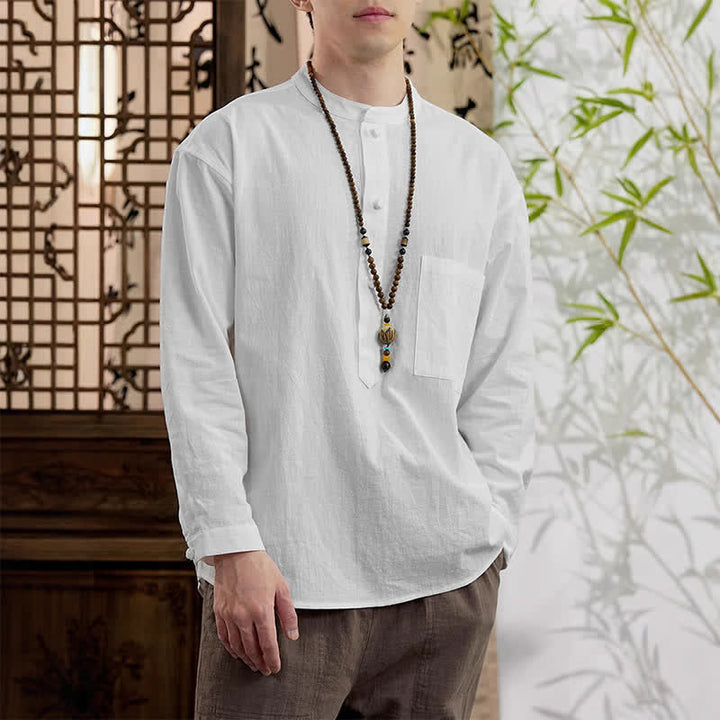 Buddha Stones Camisa de manga larga para hombre de lino y algodón, estilo minimalista, con cuello mandarín y bolsillo de parche, de Spring Tang Style. - image 18