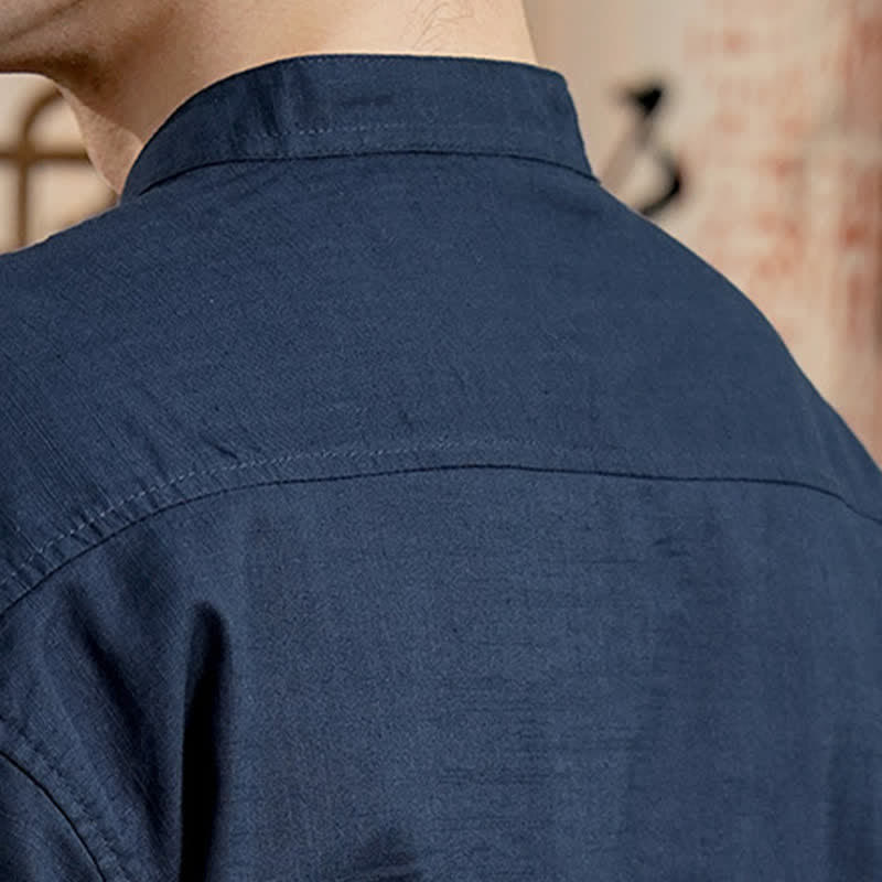 Buddha Stones Camisa de manga larga para hombre de lino y algodón, estilo minimalista, con cuello mandarín y bolsillo de parche, de Spring Tang Style. - image 6