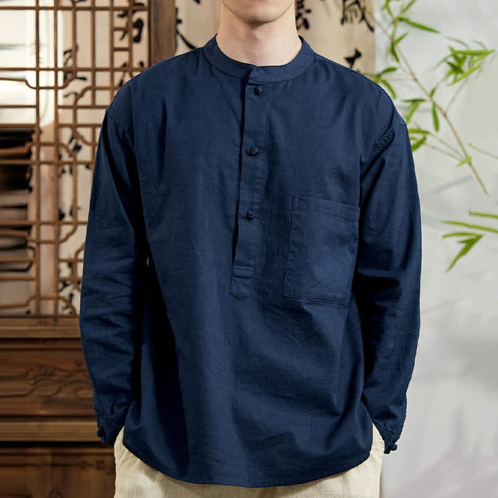 Buddha Stones Camisa de manga larga para hombre de lino y algodón, estilo minimalista, con cuello mandarín y bolsillo de parche, de Spring Tang Style. - image 1