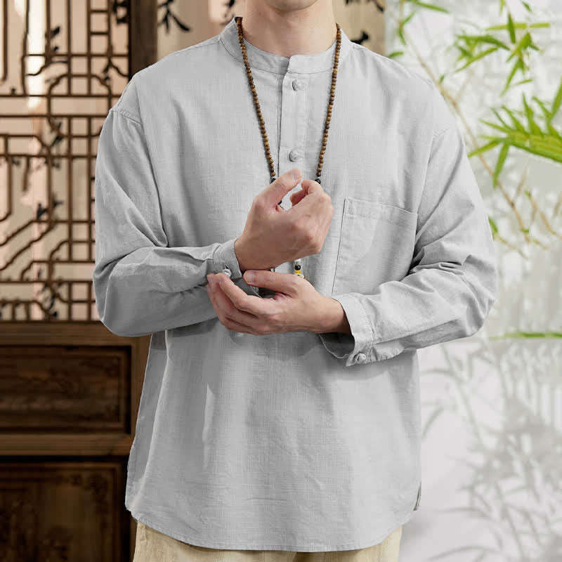 Buddha Stones Camisa de manga larga para hombre de lino y algodón, estilo minimalista, con cuello mandarín y bolsillo de parche, de Spring Tang Style. - image 16
