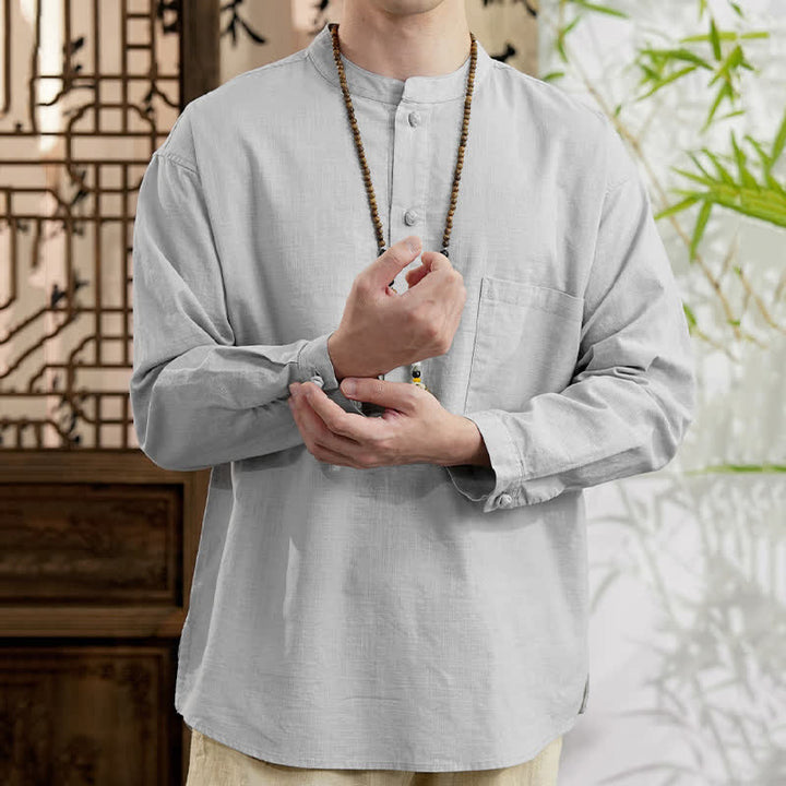 Buddha Stones Camisa de manga larga para hombre de lino y algodón, estilo minimalista, con cuello mandarín y bolsillo de parche, de Spring Tang Style. - image 16