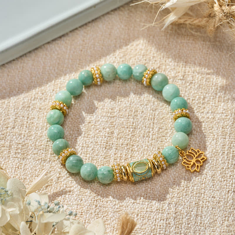 Buddha StonesColgante de loto con cuentas cilíndricas de esmalte amazonita y pulsera de cuentas redondas pulidas a mano con diseño de amor. - Amazonita (circunferencia de la muñeca: 15–16 cm) - image 0