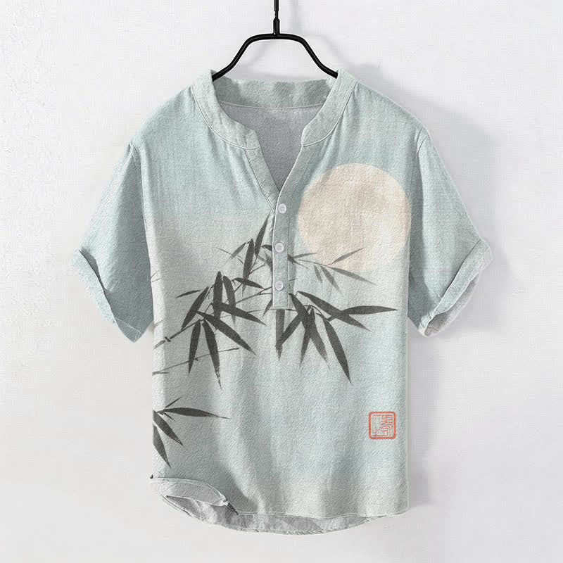 Buddha Stones Camisa de manga corta con medio botón para hombre, de algodón, con estampado de hojas de bambú y luna. - AliciaAzul - US/UK/AU50, EU60 (5XL) - image 0