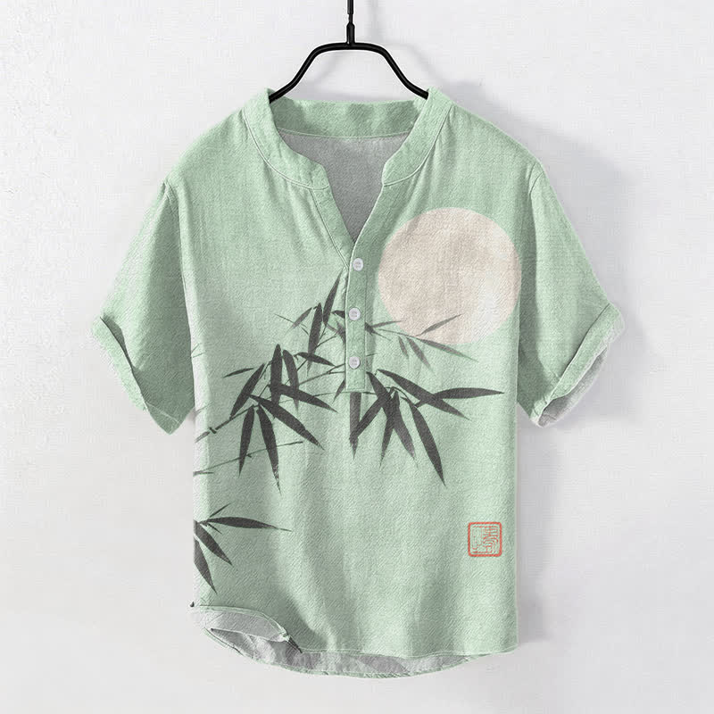 Buddha Stones Camisa de manga corta con medio botón para hombre, de algodón, con estampado de hojas de bambú y luna. - Verde pálido - US/UK/AU50, EU60 (5XL) - image 3